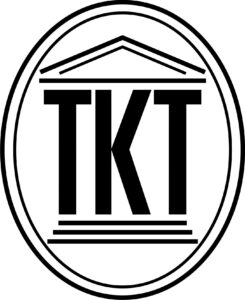 Logo Towarzystwa Kultury Teatralnej. Na białym tle owalny obrys podwójną czarną linią. W środku figury drukowane litery T K T, nad nimi spadzisty trójkątny dach na wzór greckiej świątyni, pod nimi 3 poziome kreski niczym schody. Grafika czarna.