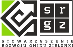czarno-biało-zielone logo z kwadratów. Po prawej listery s, r, g, z, pod grafiką podpis Stowarzyszenie Rozwoju Gminy Zielonki