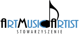 Logo Drukowane litery czarno niebieskie: Art Music Artist Stowarzyszenie. Między słowami czarna nuta "ósemka"