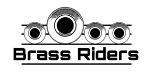 Czarne poziome logo: grafika 4 otwory puzonów i tuby na pięciolinii, poniżej napis Brass Riders.