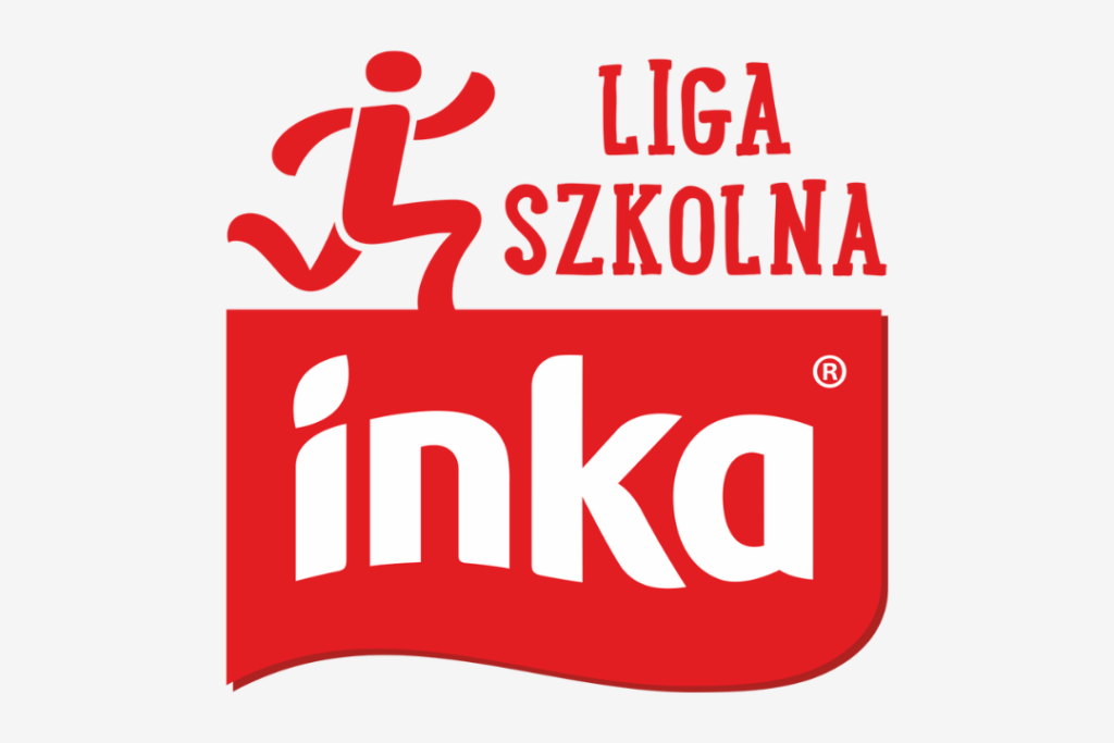 Znak graficzny - logo. W górnej części czerwony napis: liga szkolna i wektorowa postać, na dole biały napis na czerwonym tle: inka.