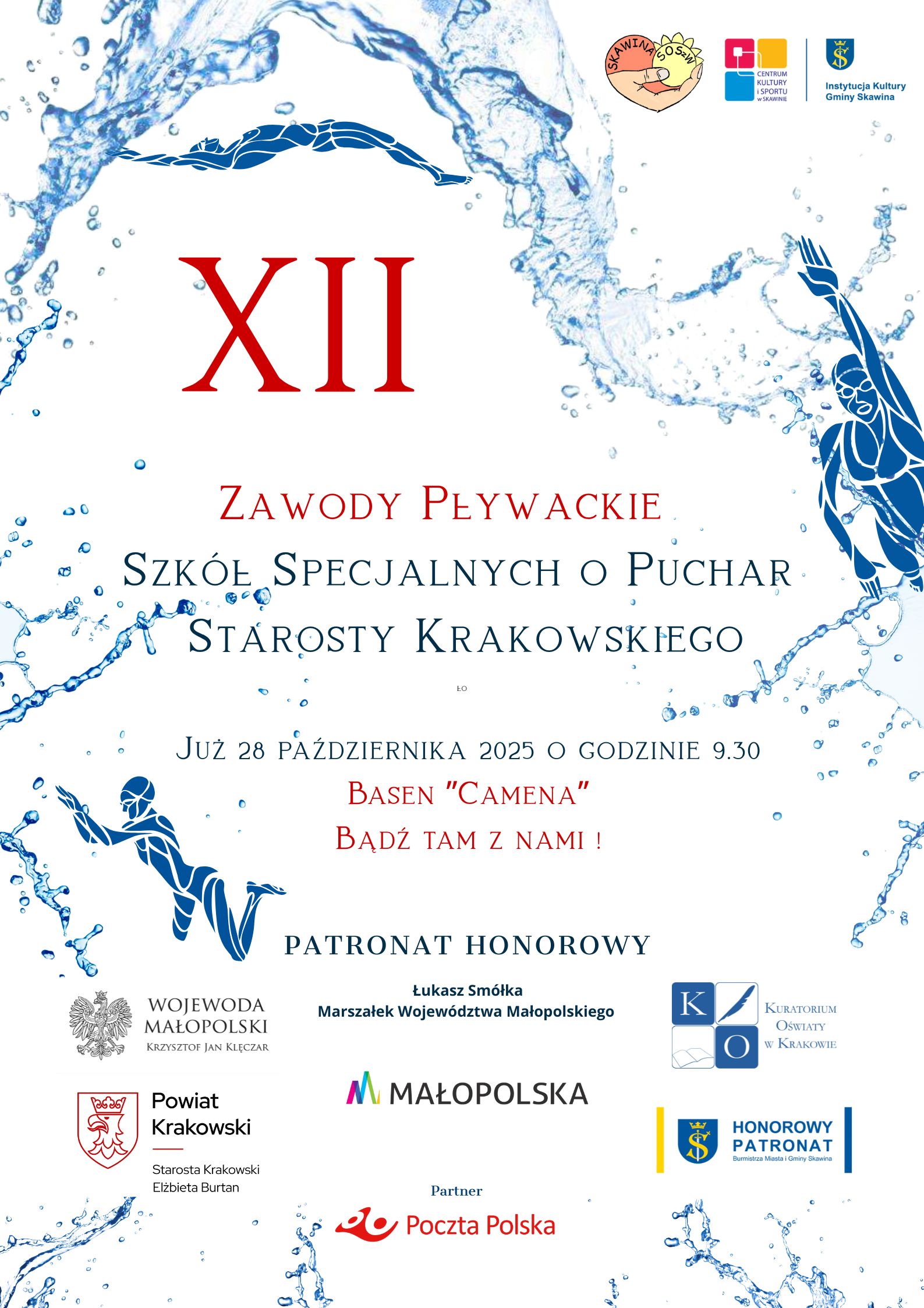 na zdjeciu widac plakat dotyczacy zawodow szkol specjalnych w plywaniu