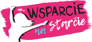 Na różowym tle biała sylwetka kobiety z rozpostartymi ramionami, napis wsparcie na starcie