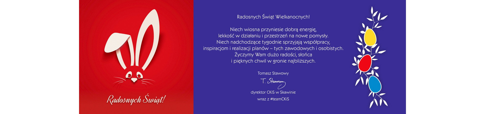 Kartka wielkanocna: po lewej czerwone tło z białym zającem z papieru i napisem „Radosnych Świąt”, po prawej fioletowe tło z życzeniami oraz dekoracją z kolorowych pisanek i gałązek.