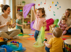 Uśmiechnięte maluchy bawią się z opiekunami podczas zajęć ruchowo-muzycznych, tańcząc z kolorowymi chustami i grając na prostych instrumentach.