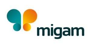 Logo Migam z turkusowo-pomarańczowym symbolem i napisem „migam”.