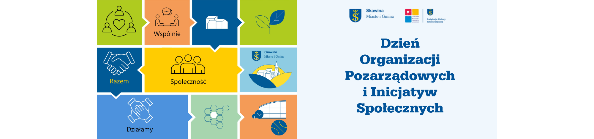 Grafika promująca „Dzień Organizacji Pozarządowych i Inicjatyw Społecznych”. Po lewej stronie kolorowa mozaika z ikonami symbolizującymi współpracę, społeczność, wspólne działanie i ekologię oraz hasłami „Wspólnie”, „Razem”, „Społeczność” i „Działamy”. Po prawej stronie na jasnym tle znajduje się duży niebieski tytuł wydarzenia oraz logotypy organizatorów.
